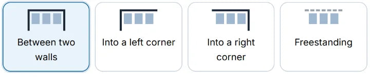 Layout options: between two walls, into a left or right corner, or freestanding